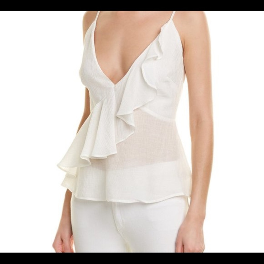 BB DAKOTA Top Camisole Sexy V-Neck Ruffle Crepe Adjust. Spaghetti Straps Sz L